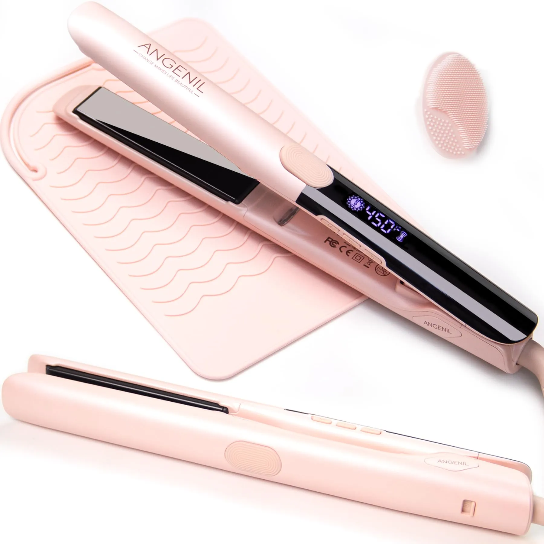 ANGENIL Titanium Flat Iron Hair Straightener and Curler 2 in 1, Anti-Scald Silicone Dual Voltage Hair Straightener, Ionic Pink Flat Iron with Heat Resistant Silicone Mat, Facial Cleansing Brushes