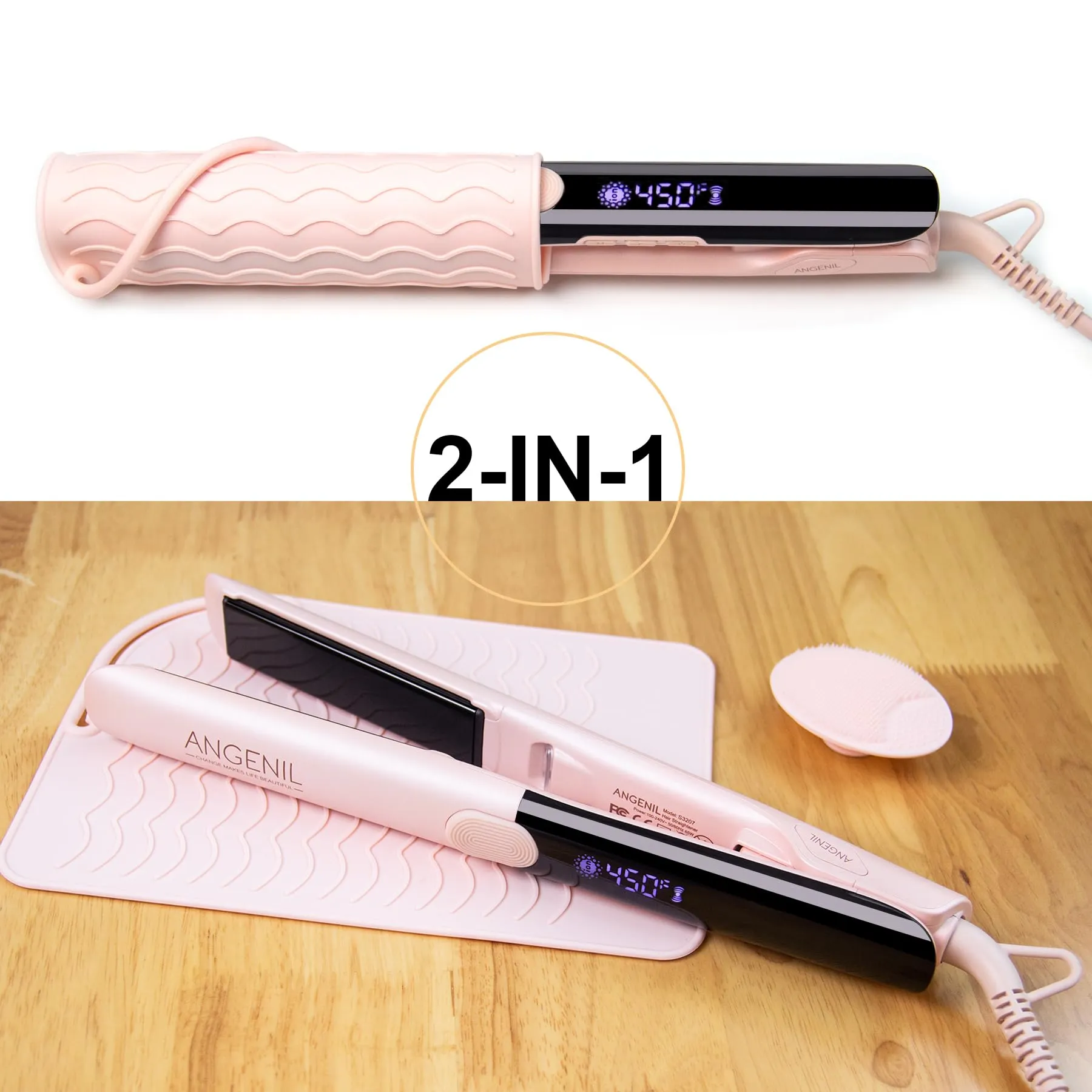 ANGENIL Titanium Flat Iron Hair Straightener and Curler 2 in 1, Anti-Scald Silicone Dual Voltage Hair Straightener, Ionic Pink Flat Iron with Heat Resistant Silicone Mat, Facial Cleansing Brushes