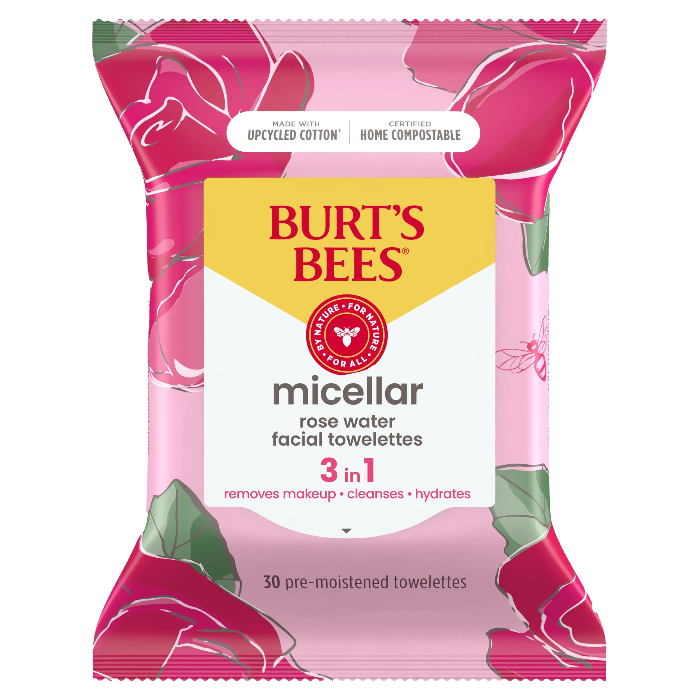 Burt's Bees Rose Water Face Wipes, for All Skin Types, Hydrating Micellar Makeup Remover & Facial Cleansing Towelettes, 30 Ct (3-Pack)