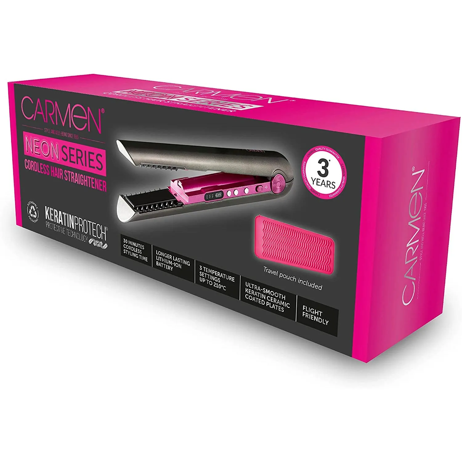 Carmen Neon Cordless Hair Straightener with Ultra-Smooth Keratin Infused - Pink & Graphite Grey | C81165