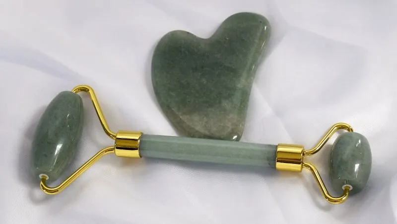 Klara's Jade Regular Massage Roller And Qua Sha Set - Reduce Body Wrinkles with Real Rose Quartz Gemstone Roller And Gua Sha Set.