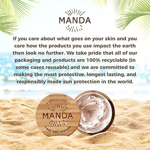 MANDA Organic Sun Paste - Natural, Reef & Ocean Safe - SPF 50 Sunscreen - Thanaka & Organic Ingredients for Active Lifestyles - Surfers, Hikers, Cyclists, Athlete Sunblock paste - 1.4oz