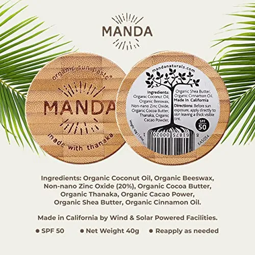 MANDA Organic Sun Paste - Natural, Reef & Ocean Safe - SPF 50 Sunscreen - Thanaka & Organic Ingredients for Active Lifestyles - Surfers, Hikers, Cyclists, Athlete Sunblock paste - 1.4oz